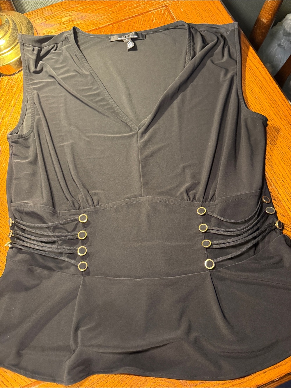 White House Black Market Black Sleeveless V-Neck Top with Gold Accent